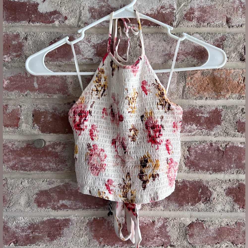 House of Harlow 1960 backless halter crop top with floral design and bead detail